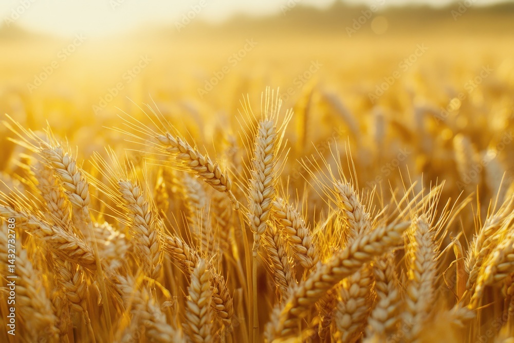 Fototapeta premium Golden wheat field bathed in sunset light, ripe and ready for harvest.