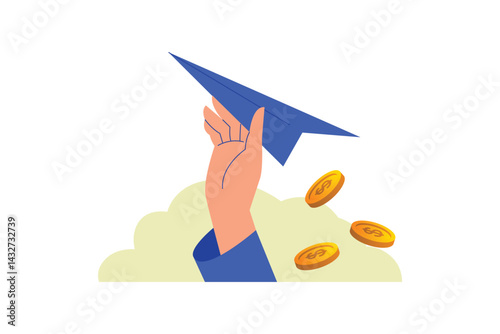 Business profit. Paper Plane Origami.Flat Cartoon Vector Illustration