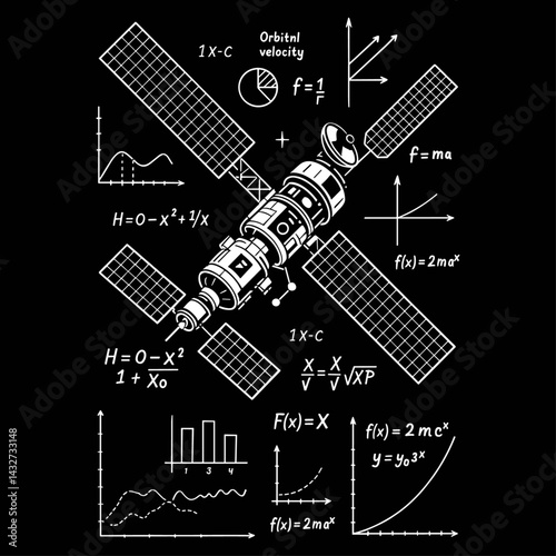 Space satellite, orbital station surrounded by mathematical equations and graphs, symbolizing complex calculations for space technology, a concept of physics and engineering.