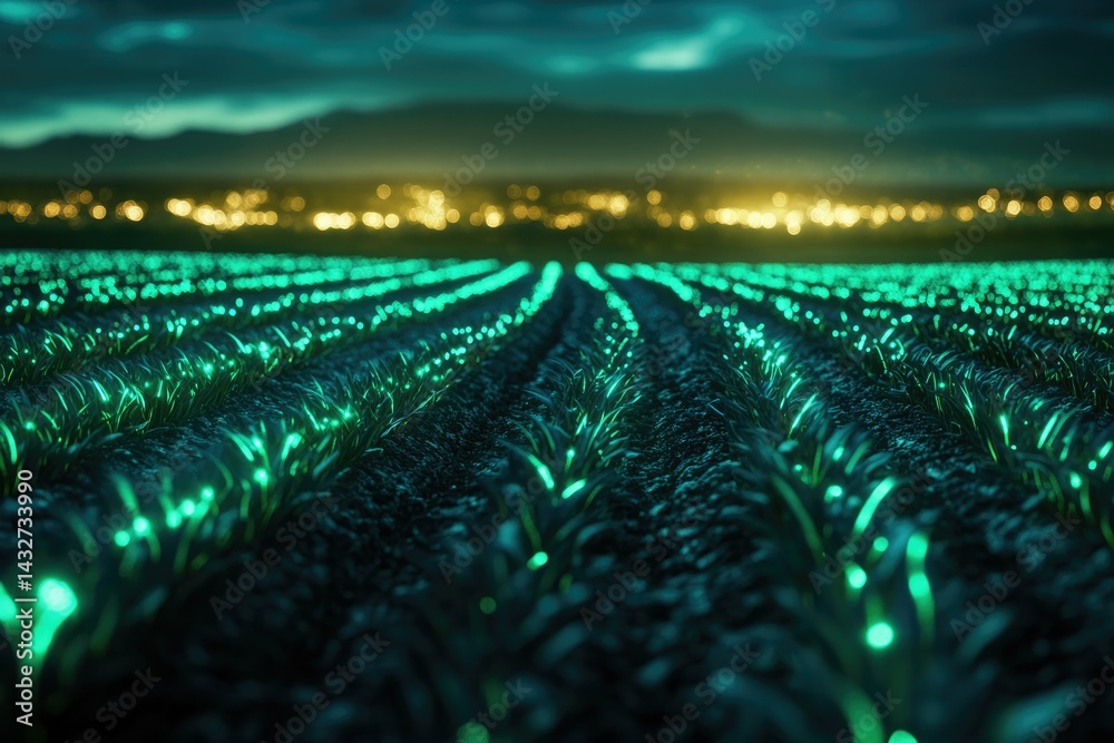 Fototapeta premium Glowing plants illuminate a field at night, city lights in the background. Futuristic agriculture.