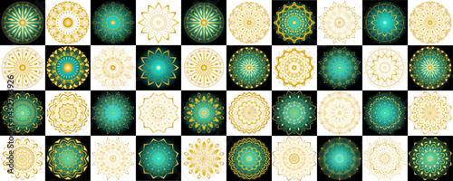 Mandala set with creative shape for greeting, card, brand, business, Halfon, packaging, wish, gift card, d | Abstract floral icon set with black-cyan background golden stroke 40 shape