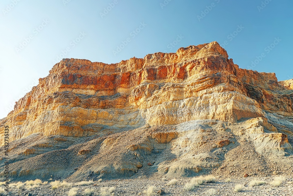 Fototapeta premium A majestic desert cliff face, showcasing layered sandstone in warm, earthy tones under a clear blue sky.