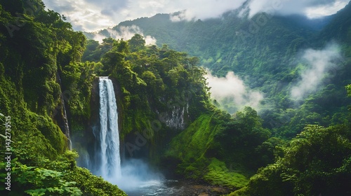 Majestic Waterfall Cascading Through Lush Tropical Rainforest