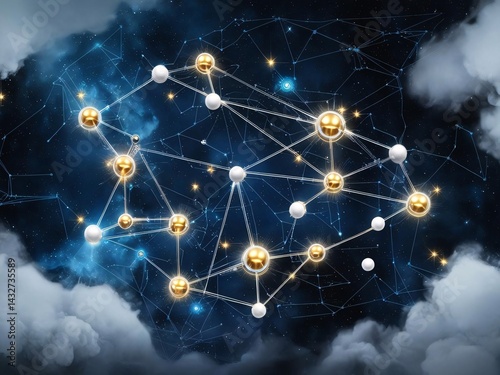 Connected Gold and White Spheres Against Starry Night Sky with Clouds