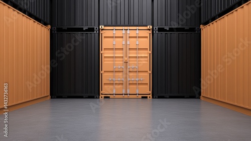 A spacious interior of a shipping container featuring orange and black walls, highlighted by metallic doors and a clean floor.