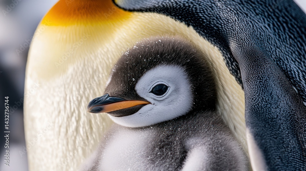 Naklejka premium A baby penguin chick nestled under its parentâ€™s belly for warmth