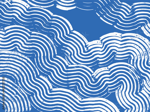 Crafted hand drawn ink brush line abstract waves pattern in white and blue, Japanese and ethnic wood carving, engraving texture surface background, minimal graphic for textile, carpet, decoration