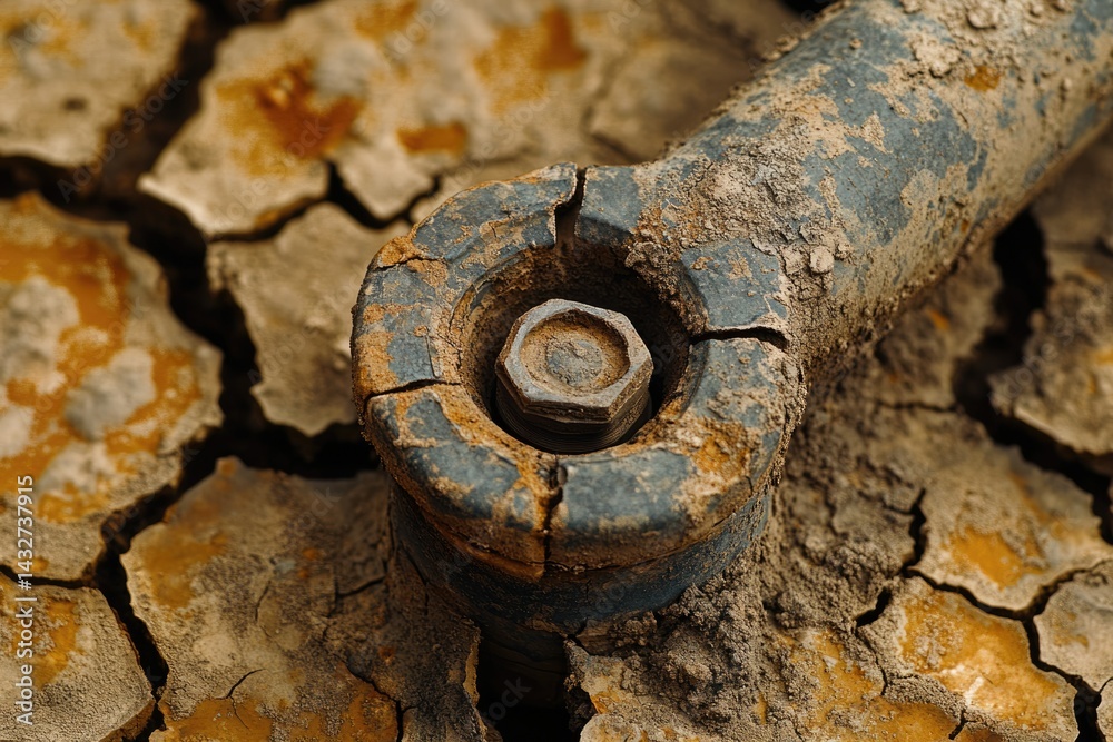 Close-up of a weathered, cracked metal component with a central bolt, resting on dry, cracked earth.
