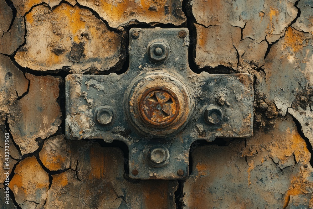 Rusty metallic cross-shaped object attached to a heavily cracked and weathered surface. Rusty metallic cross-shaped object attached to a heavily cracked and weathered surface.