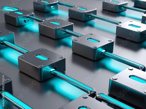 Network of metallic nodes connected by glowing blue lines.