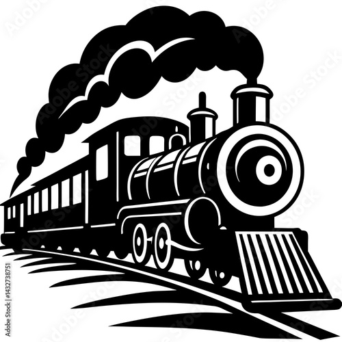Silhouette of a steam train chugging down a railway track