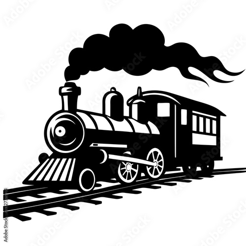 Silhouette of a steam train chugging down a railway track