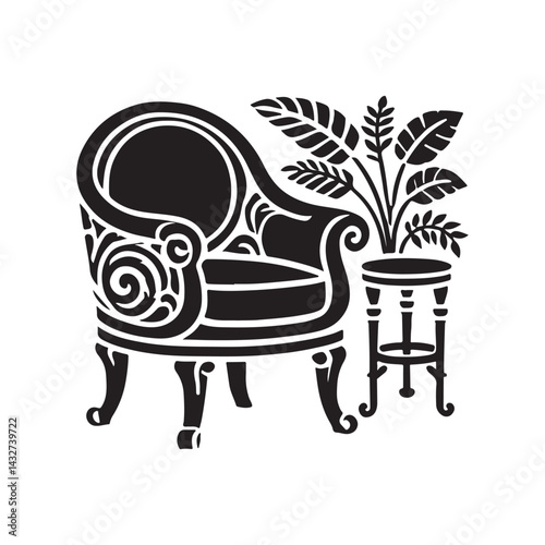 Chair Silhouette Vector Illustration, Solid White Background.