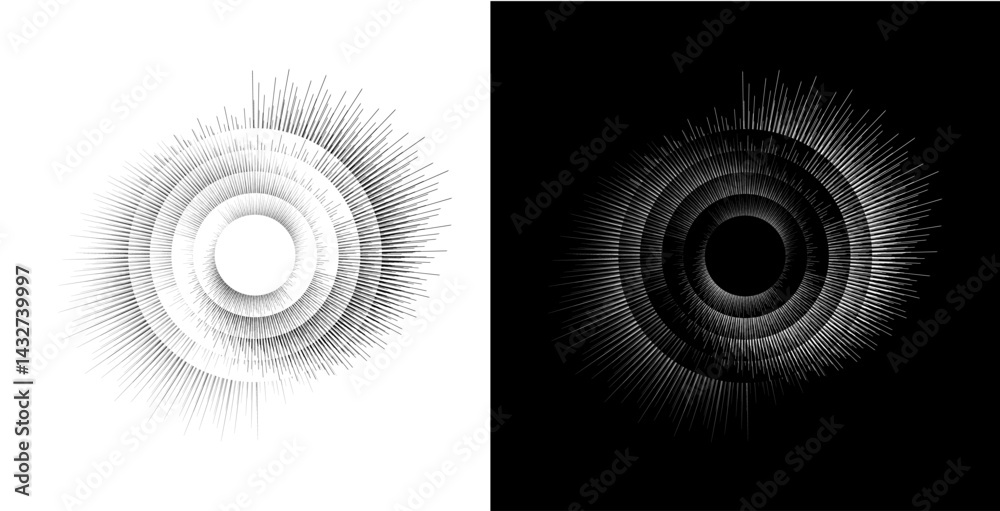 Dynamic abstract spiral sound wave rhythm lines. Circular spiral sound wave rhythm of lines. Circular futuristic abstract lines, black and white background. Dynamic abstract spiral sound wave rhythm lines. Circular spiral sound wave rhythm of lines. Circular futuristic abstract lines, black and white background.