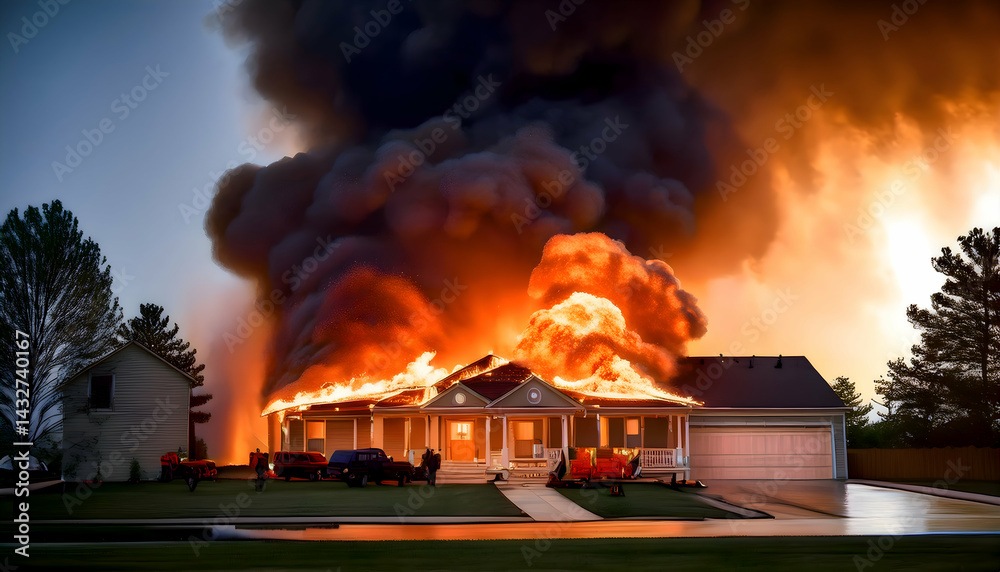 Burning House Inferno: The catastrophic scene of a house engulfed in flames, with thick plumes of black smoke billowing into the sky, illustrating the raw power and destruction of fire. Burning House Inferno: The catastrophic scene of a house engulfed in flames, with thick plumes of black smoke billowing into the sky, illustrating the raw power and destruction of fire.
