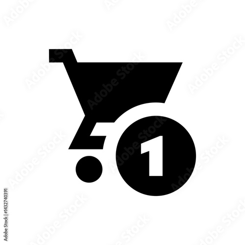 Black shopping cart icon with the number one inside a circle representing an item in the shopping cart