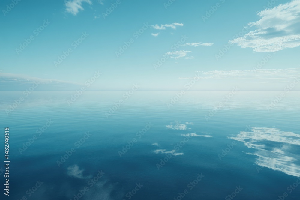 Obraz premium Calm ocean reflecting a serene sky with scattered clouds, a peaceful and tranquil scene.