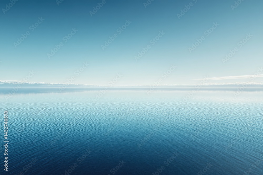 Obraz premium Serene landscape of calm blue water meeting a hazy mountain range under a clear sky.
