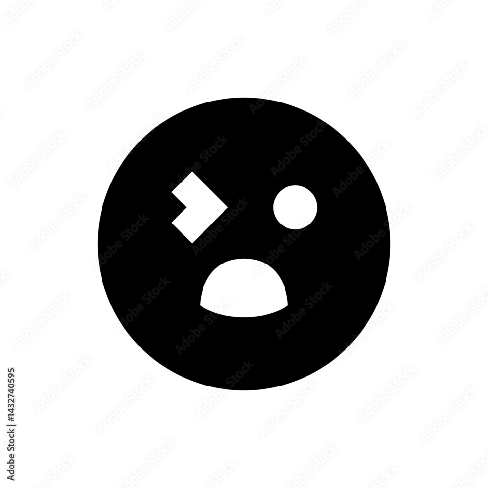 Black circle containing a white square, circle, and curved line representing a winking sad face emoji Black circle containing a white square, circle, and curved line representing a winking sad face emoji