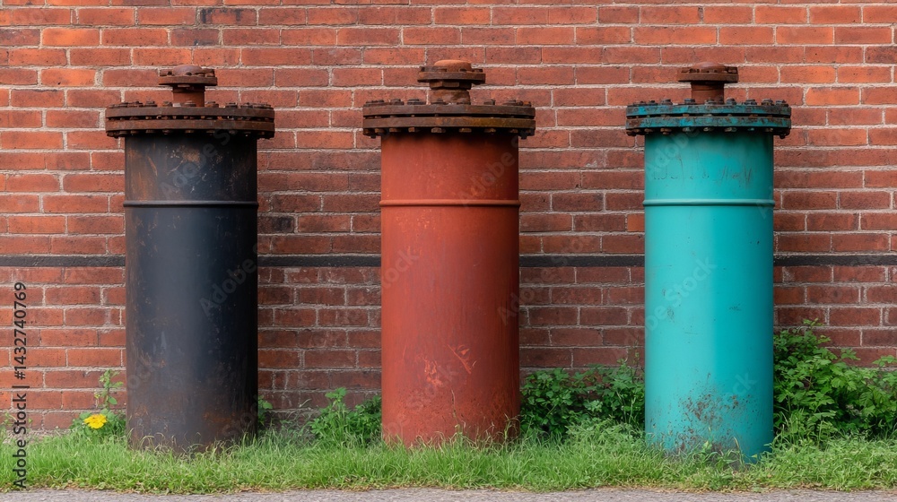 Three Industrial Metal Cylinders Against a Brick Wall Outdoor Setting Three Industrial Metal Cylinders Against a Brick Wall Outdoor Setting