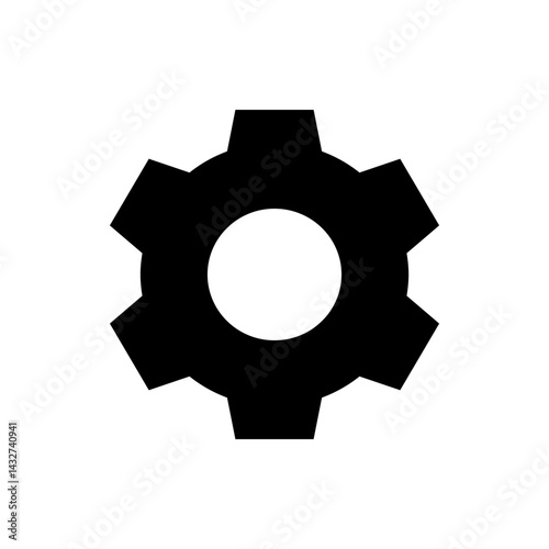 Illustration of a black gear with six cogs and a circular hole in the center on a white background view
