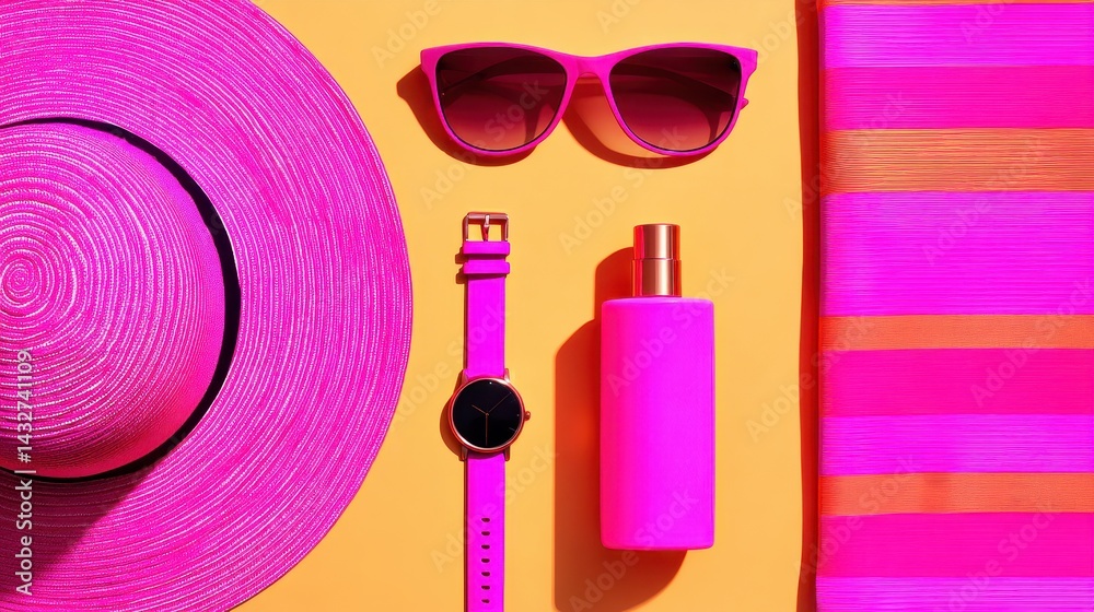Naklejka premium Vibrant summer accessories arranged on a bright yellow background, showcasing a stylish hat, sunglasses, watch, and bottle