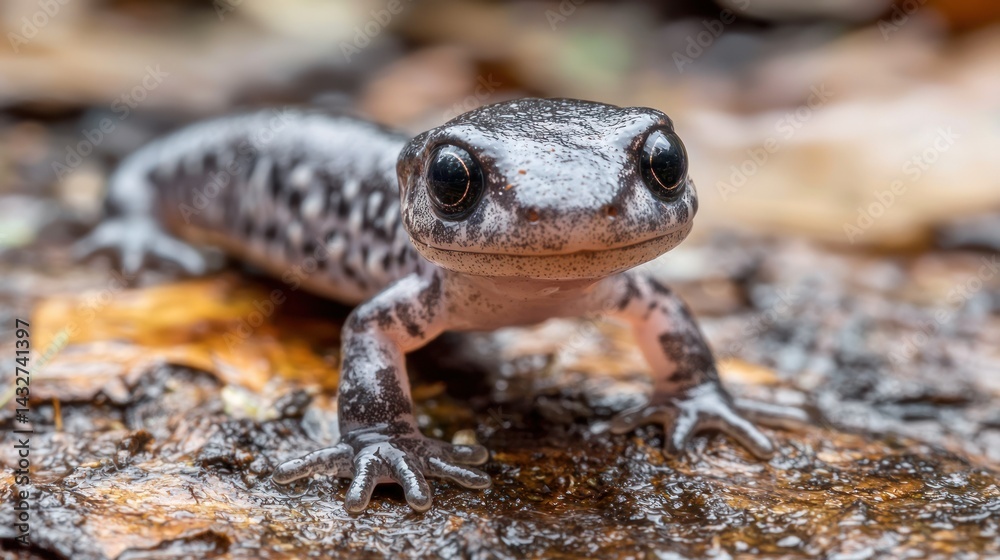 Obraz premium A baby salamander crawling out of a wet forest floor
