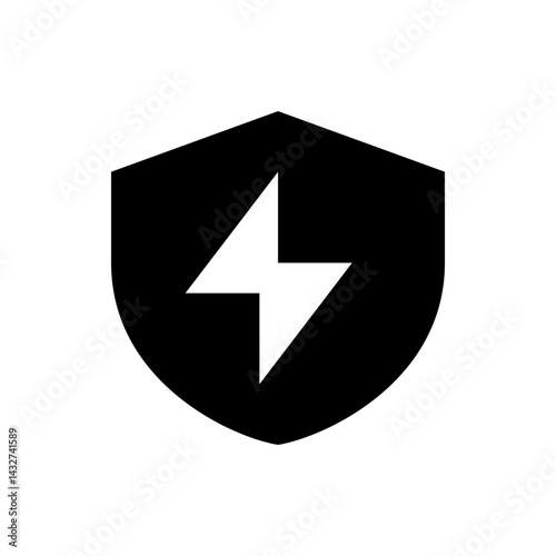 Black shield containing a white lightning bolt symbol representing power and protection in simple design