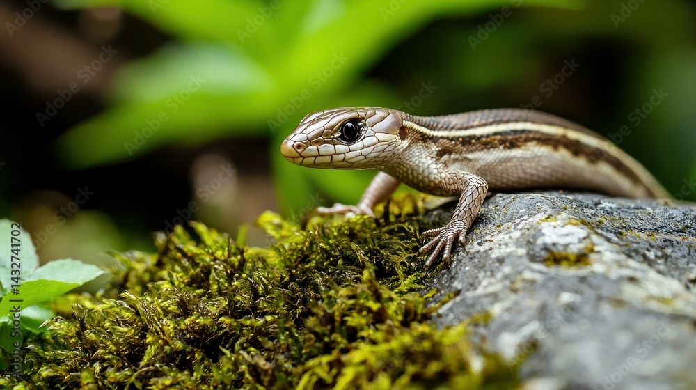 Obraz premium A baby skink slithering across a moss-covered rock