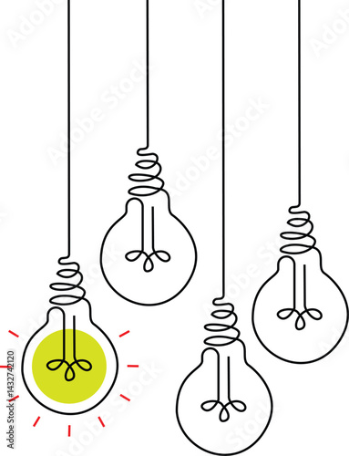 Hanging light bulbs with one glowing on white background. Continuous line drawing light bulb. Vector Editable Stroke.