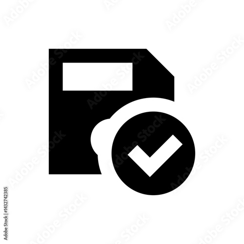 Black folder icon with a white check mark inside a black circle indicating completion or verification process