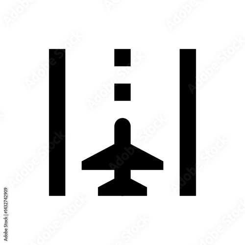 A black and white illustration of an airplane on a runway with two square markers above the airplane image