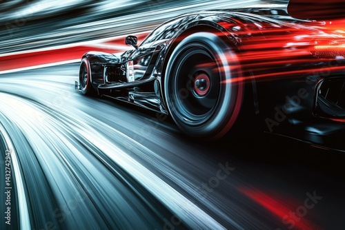 A sleek, black race car speeds along a track, motion blur highlighting its velocity and power.