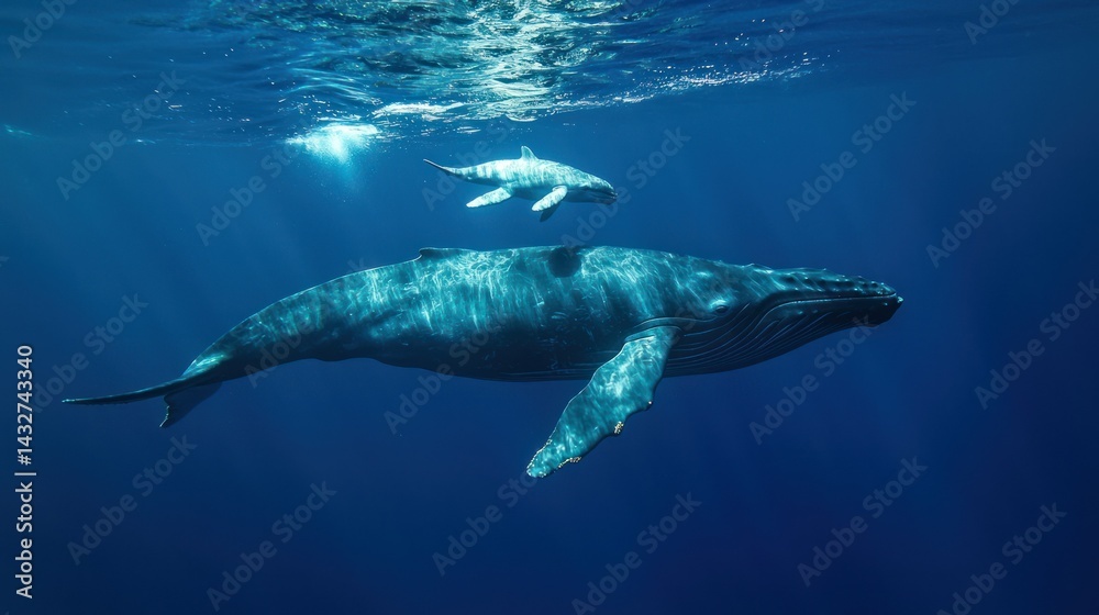 Fototapeta premium A baby whale calf swimming closely with its mother in the deep sea