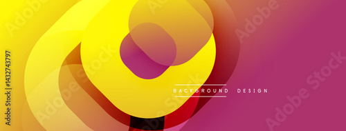 Abstract colorful layers create dynamic visual flow. Gradient transitions blend yellow, orange, purple hues. Modern design element.