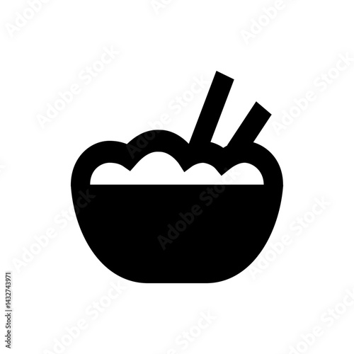 Illustration of a bowl filled with food and chopsticks sticking out, presented in black and white style