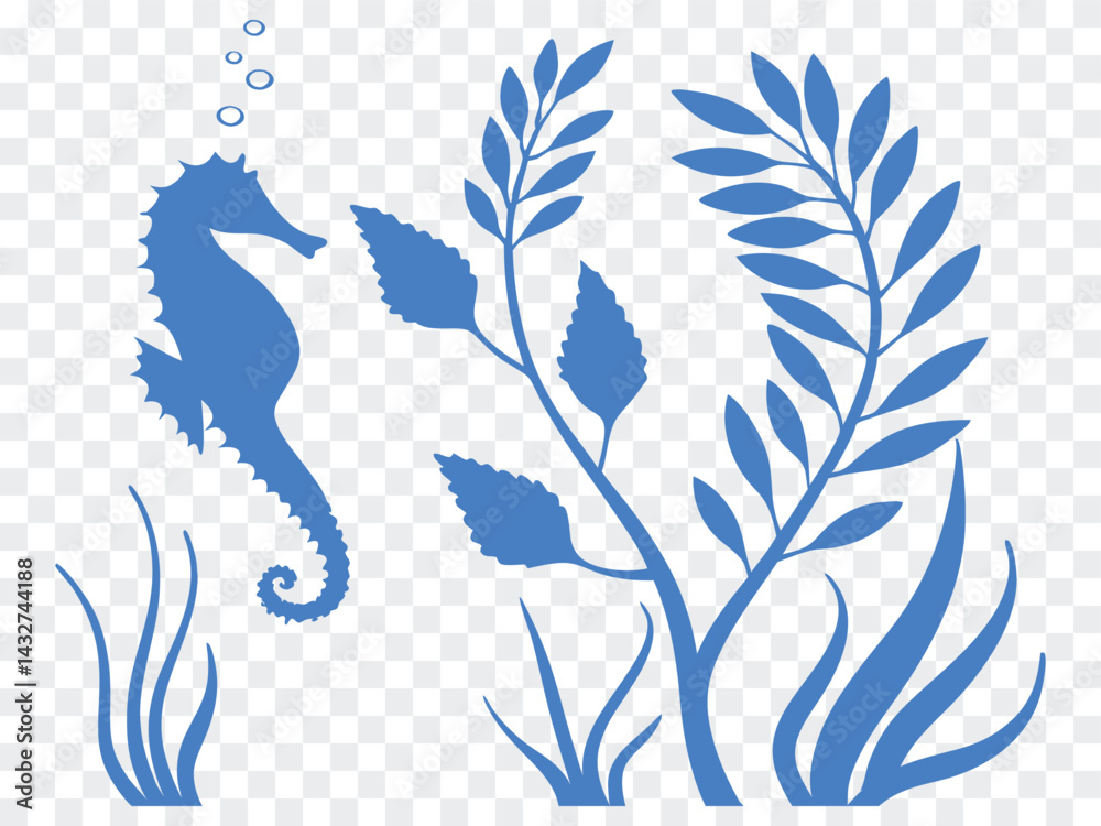Blue seahorse and seaweed vector illustration on transparent background. Features aquatic plants marine , or underwater design elements. Clean silhouette style.