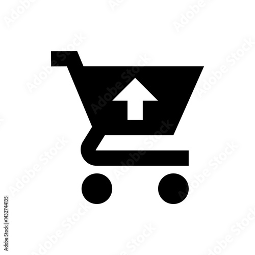Illustration of a black shopping cart with an upward pointing arrow inside the cart on a white background