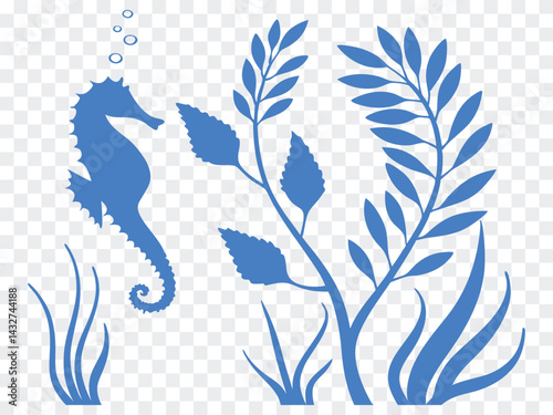 Obraz na płótnie Blue seahorse and seaweed vector illustration on transparent background. Features aquatic plants marine , or underwater design elements. Clean silhouette style. w salonie