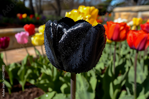 Black Tulips in the Foreground with Colorful Flowers and Green Leaves Under Sunlight