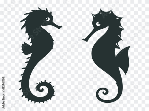 Obraz na płótnie Black silhouette seahorse vector set with curled tails and spiky fins, ideal for marine life illustrations, ocean themes, or underwater graphic designs on a transparent background. w salonie