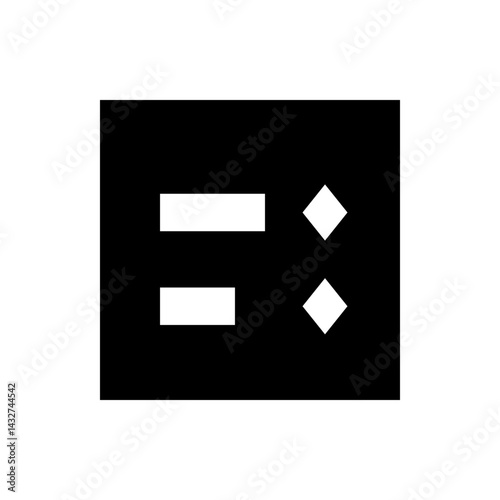 Black rectangle with two horizontal white bars and two white diamonds in the upper right corner design