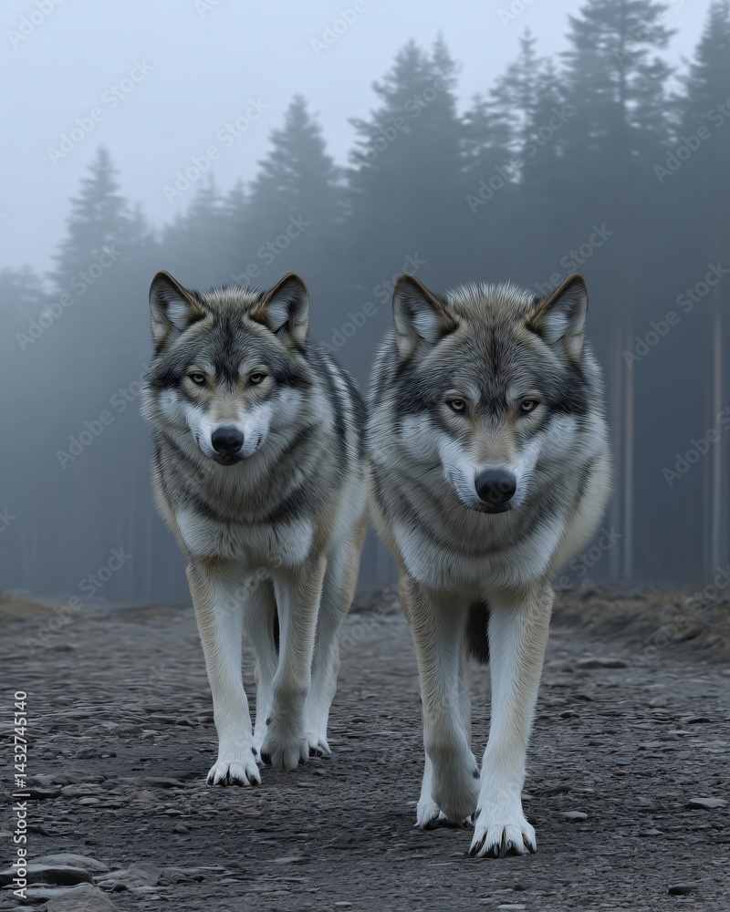 Pair of Wolves Walking Along Foggy Path in Mystical Forest Setting at Dawn