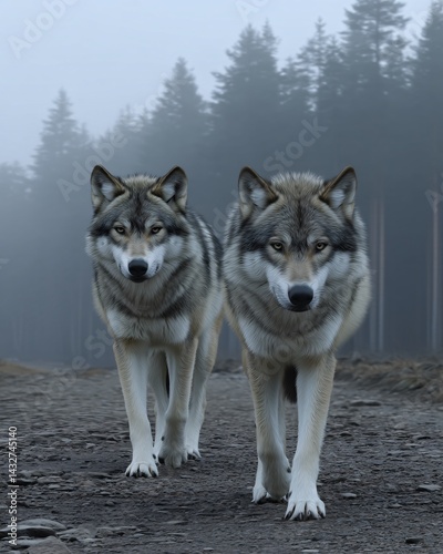 Obraz na płótnie Pair of Wolves Walking Along Foggy Path in Mystical Forest Setting at Dawn w salonie