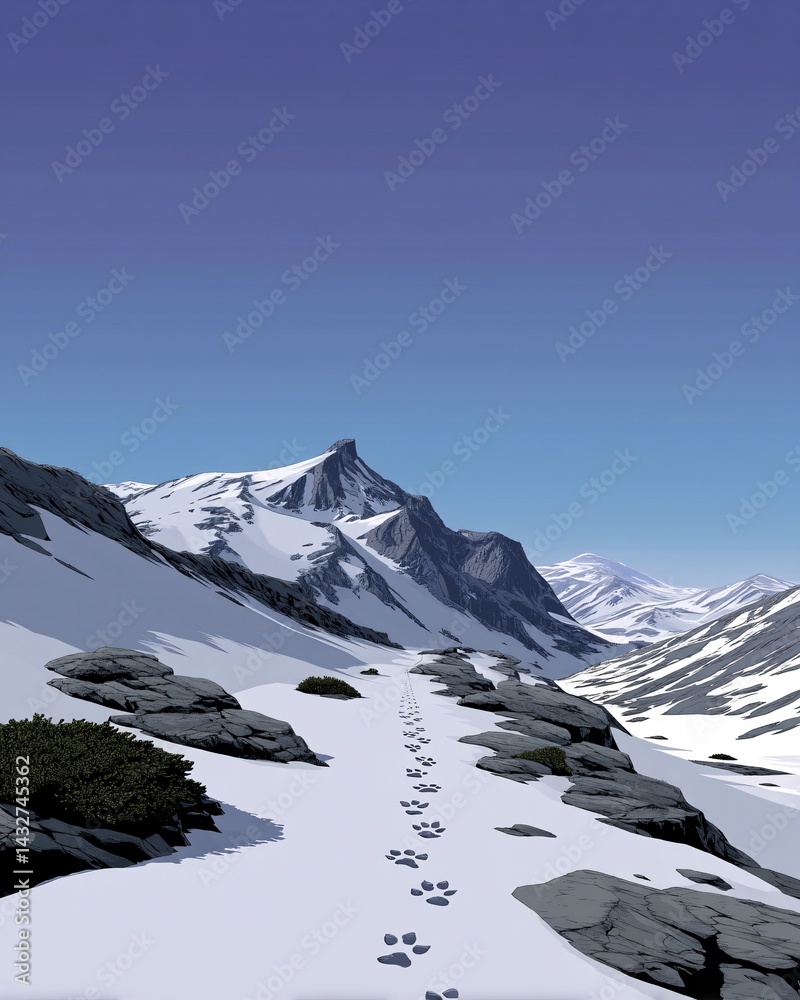 Snowy Mountain Path with Animal Tracks in a Serene Winter Landscape under Clear Blue Sky