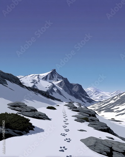Obraz na płótnie Snowy Mountain Path with Animal Tracks in a Serene Winter Landscape under Clear Blue Sky w salonie