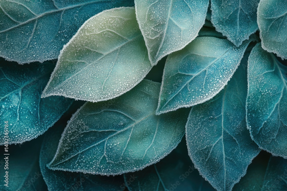 Obraz premium Close-up of teal leaves covered in morning dew, showcasing intricate details and textures.