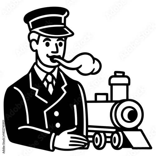Silhouette of a train conductor with a whistle, preparing to board