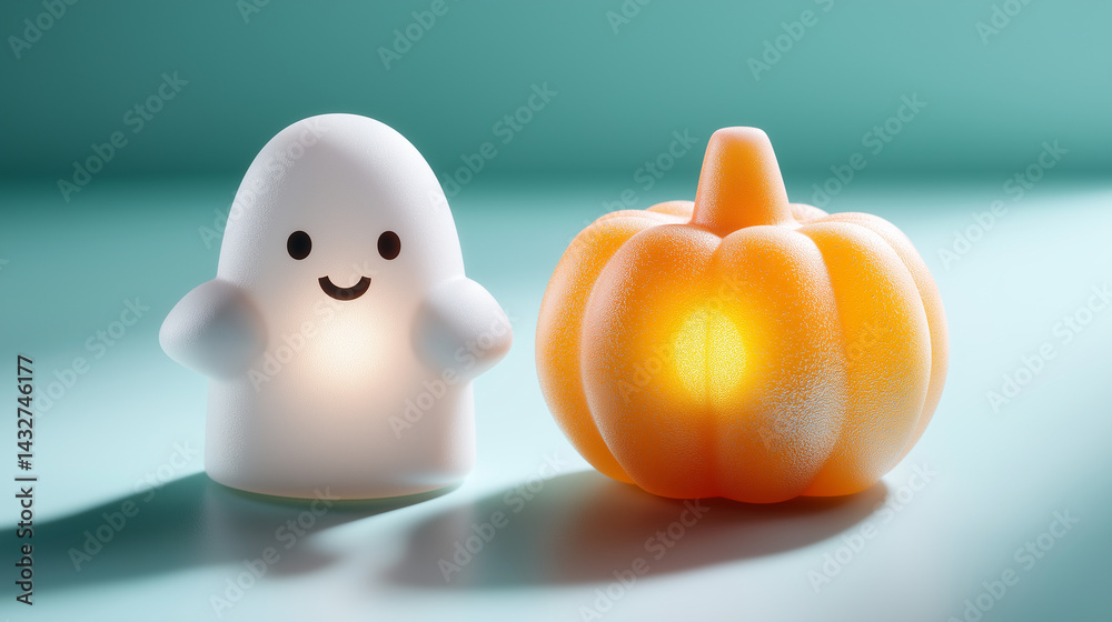 Niedliche Halloween-Dekoration mit kleinem Geist und leuchtendem Kürbis auf türkisem Hintergrund