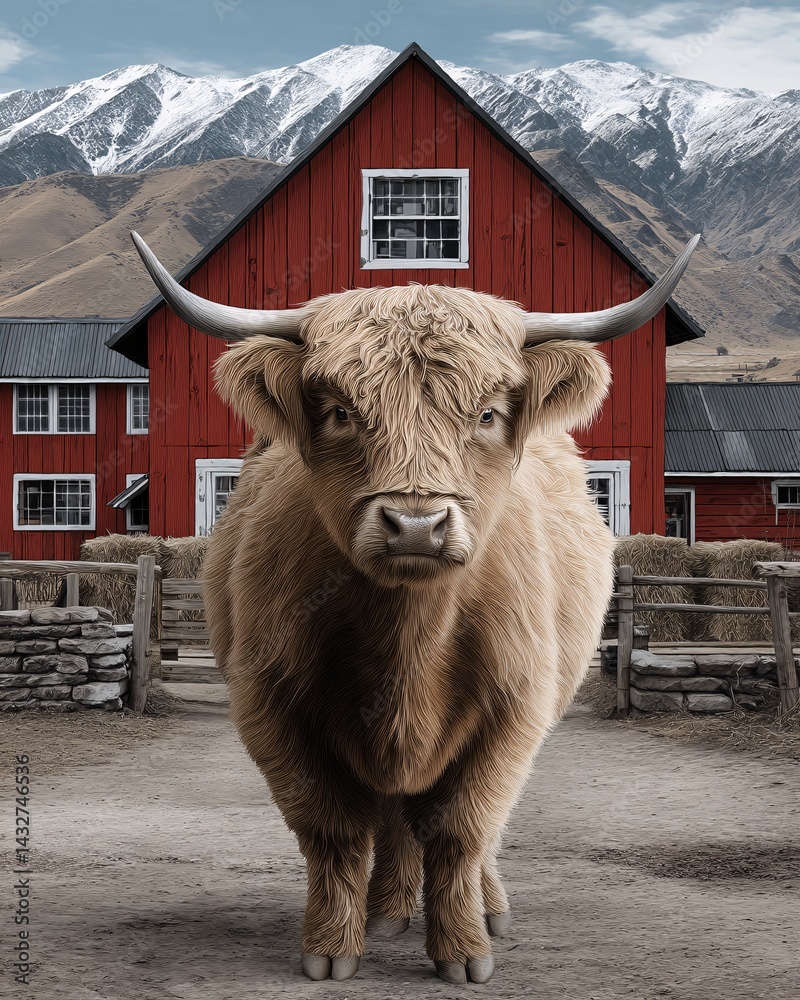 Highland cattle in front of a red barn with mountains in the background during cloudy weather